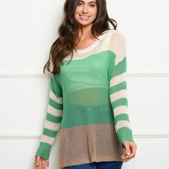 NEW! Semi Sheer Acrylic Long Sleeve Color Block Sweater Green Stripe Tunic Boho - Picture 2 of 3